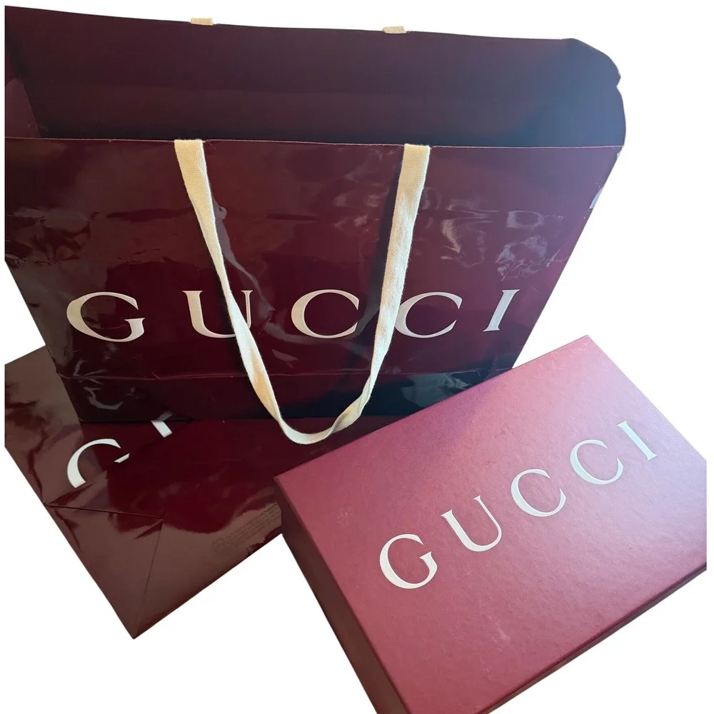 Gucci Burgundy Rosso Ancora Storage Box 2 Shopping Bags Care Booklet Set Tissue